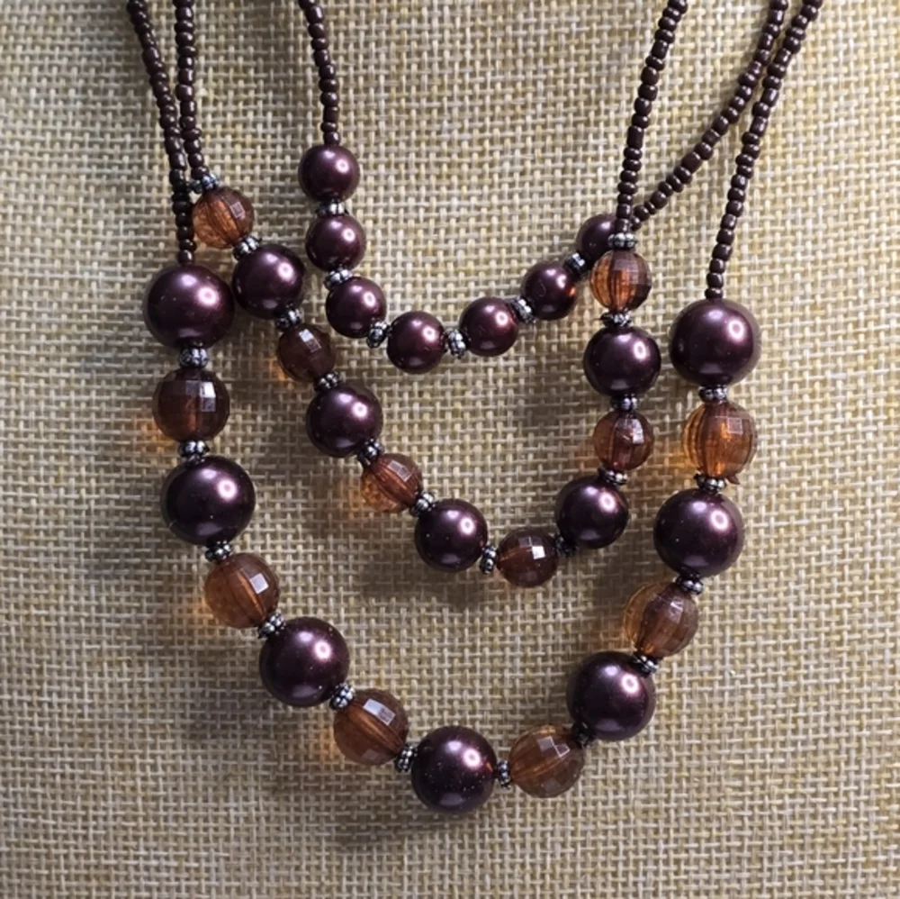 Treska Plum Purple Amber Multi Strand Beaded Statement Necklace Earrings Set New